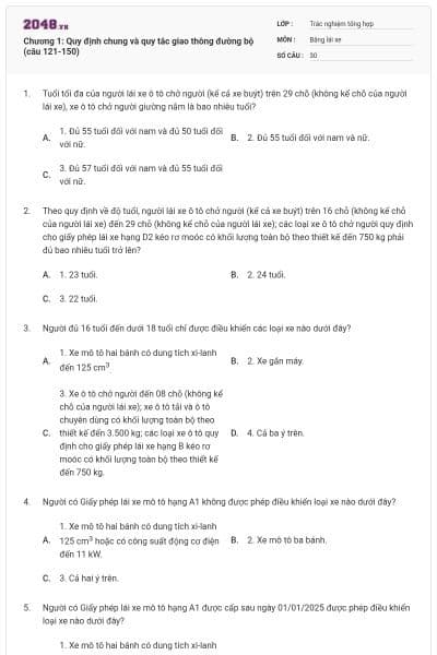Chương 1: Quy định chung và quy tắc giao thông đường bộ (câu 121-150)