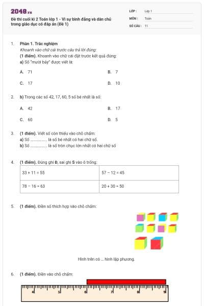Đề thi cuối kì 2 Toán lớp 1 - Vì sự bình đẳng và dân chủ trong giáo dục có đáp án (Đề 1)