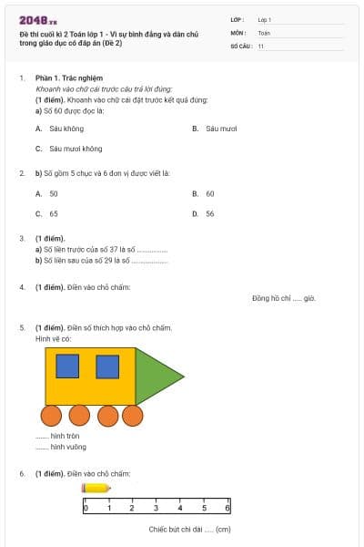 Đề thi cuối kì 2 Toán lớp 1 - Vì sự bình đẳng và dân chủ trong giáo dục có đáp án (Đề 2)