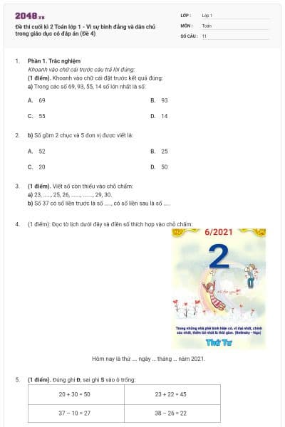 Đề thi cuối kì 2 Toán lớp 1 - Vì sự bình đẳng và dân chủ trong giáo dục có đáp án (Đề 4)