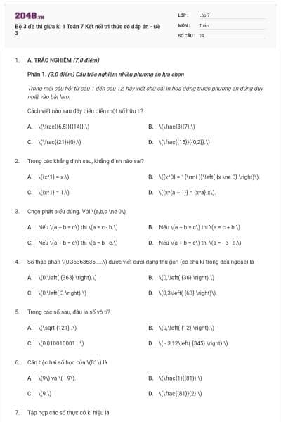 Bộ 3 đề thi giữa kì 1 Toán 7 Kết nối tri thức có đáp án - Đề 3