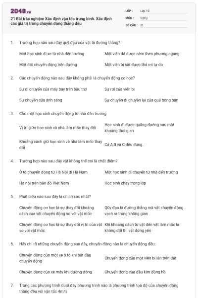21 Bài trắc nghiệm Xác định vận tốc trung bình. Xác định các giá trị trong chuyển động thẳng đều