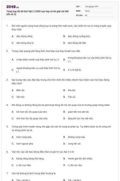 Tổng hợp đề thi thử Vật Lí 2020 cực hay có lời giải chi tiết (đề số 3)