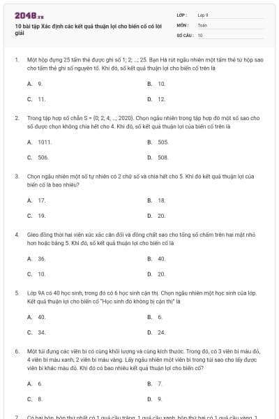 10 bài tập Xác định các kết quả thuận lợi cho biến cố có lời giải