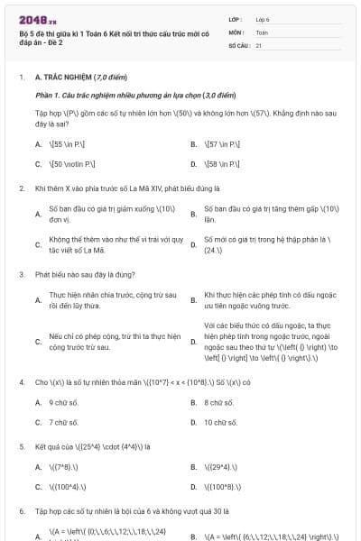 Bộ 5 đề thi giữa kì 1 Toán 6 Kết nối tri thức cấu trúc mới có đáp án - Đề 2