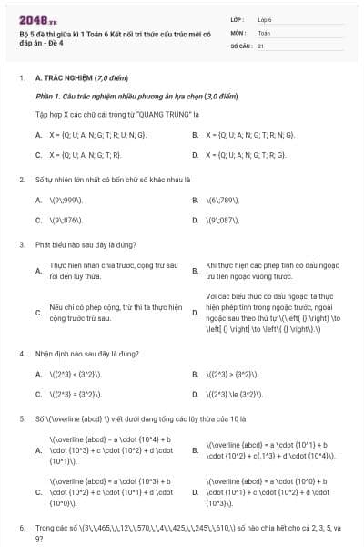Bộ 5 đề thi giữa kì 1 Toán 6 Kết nối tri thức cấu trúc mới có đáp án - Đề 4