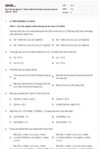 Bộ 5 đề thi giữa kì 1 Toán 6 Kết nối tri thức cấu trúc mới có đáp án - Đề 5