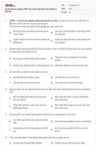 Đề thi thử tốt nghiệp THPT Địa lí Sở Thái Bình năm 2025 có đáp án