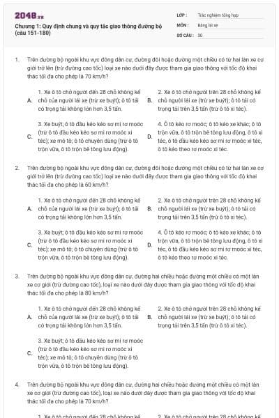 Chương 1: Quy định chung và quy tắc giao thông đường bộ (câu 151-180)