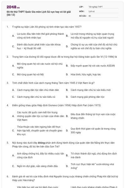 Đề thi thử THPT Quốc Gia môn Lịch Sử cực hay có lời giải (Đề 13)