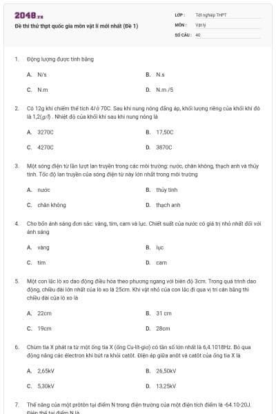 Đề thi thử thpt quốc gia môn vật lí mới nhất (Đề 1)