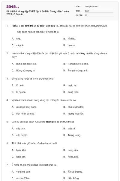 Đề thi thử tốt nghiệp THPT Địa lí Sở Bắc Giang - lần 1 năm 2025 có đáp án