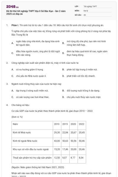 Đề thi thử tốt nghiệp THPT Địa lí Sở Bắc Kạn - lần 2 năm 2025 có đáp án