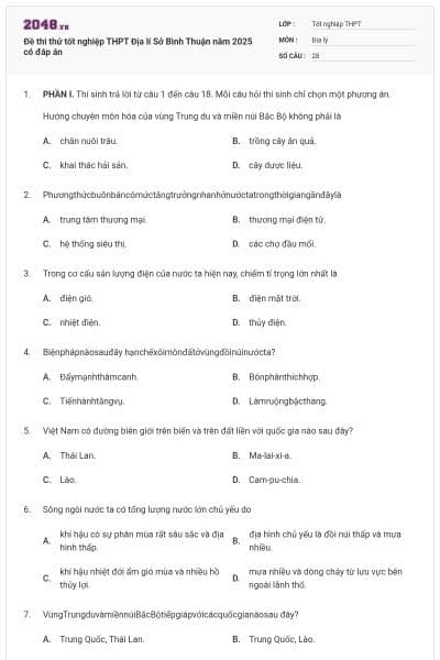 Đề thi thử tốt nghiệp THPT Địa lí Sở Bình Thuận năm 2025 có đáp án
