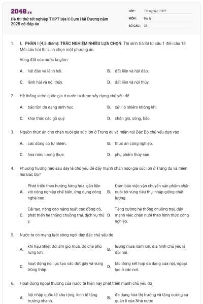 Đề thi thử tốt nghiệp THPT Địa lí Cụm Hải Dương năm 2025 có đáp án