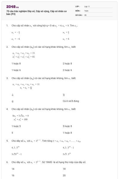 70 câu trắc nghiệm Dãy số, Cấp số cộng, Cấp số nhân cơ bản (P3)