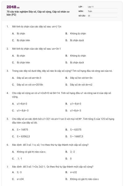 70 câu trắc nghiệm Dãy số, Cấp số cộng, Cấp số nhân cơ bản (P2)