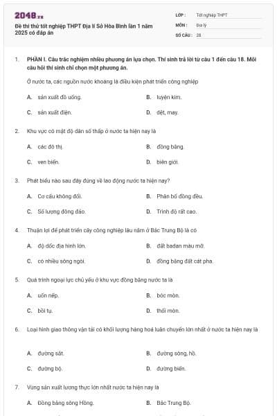 Đề thi thử tốt nghiệp THPT Địa lí Sở Hòa Bình lần 1 năm 2025 có đáp án