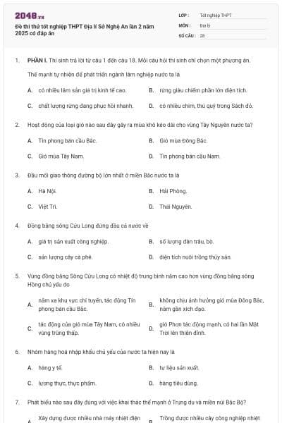 Đề thi thử tốt nghiệp THPT Địa lí Sở Nghệ An lần 2 năm 2025 có đáp án