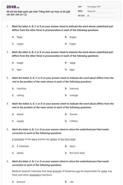 Đề thi thử thpt quốc gia môn Tiếng Anh cực hay có lời giải chi tiết ( Đề số 12)