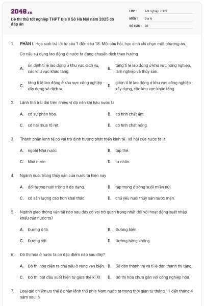 Đề thi thử tốt nghiệp THPT Địa lí Sở Hà Nội năm 2025 có đáp án
