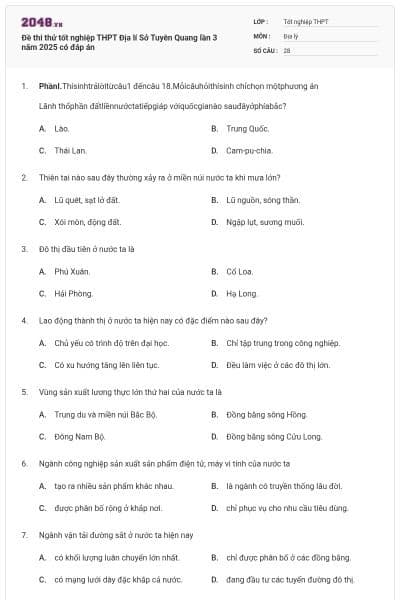 Đề thi thử tốt nghiệp THPT Địa lí Sở Tuyên Quang lần 3 năm 2025 có đáp án
