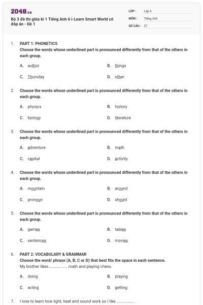 Bộ 3 đề thi giữa kì 1 Tiếng Anh 6 i-Learn Smart World có đáp án - Đề 1