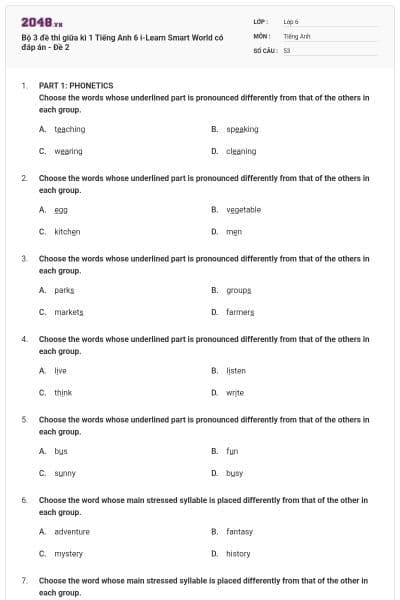 Bộ 3 đề thi giữa kì 1 Tiếng Anh 6 i-Learn Smart World có đáp án - Đề 2