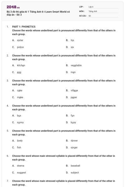 Bộ 3 đề thi giữa kì 1 Tiếng Anh 6 i-Learn Smart World có đáp án - Đề 3