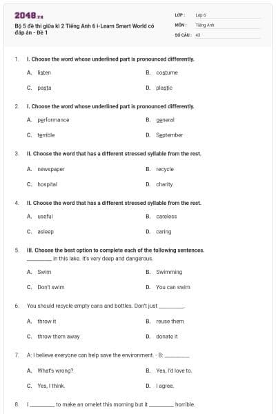 Bộ 5 đề thi giữa kì 2 Tiếng Anh 6 i-Learn Smart World có đáp án - Đề 1