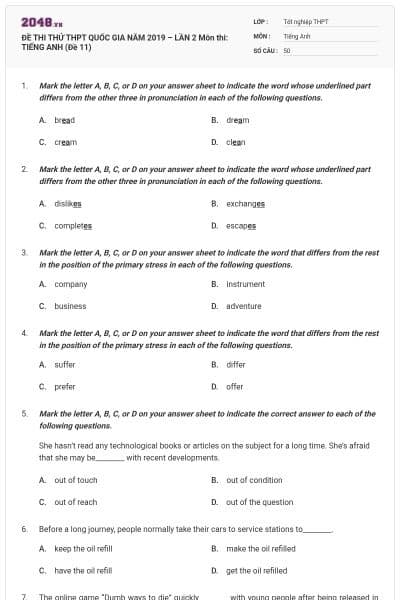 ĐỀ THI THỬ THPT QUỐC GIA NĂM 2019 – LẦN 2 Môn thi: TIẾNG ANH (Đề 11)