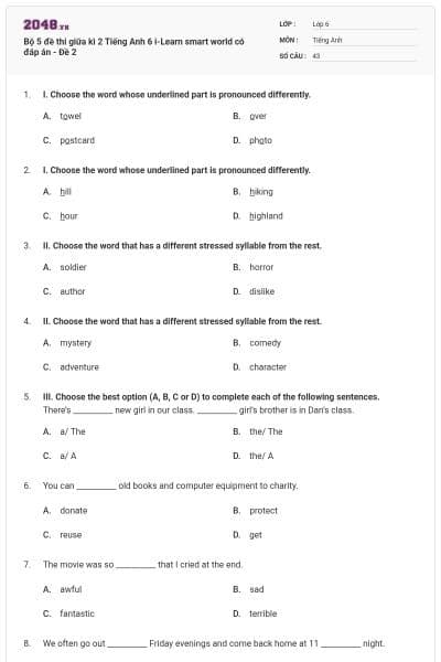 Bộ 5 đề thi giữa kì 2 Tiếng Anh 6 i-Learn smart world có đáp án - Đề 2