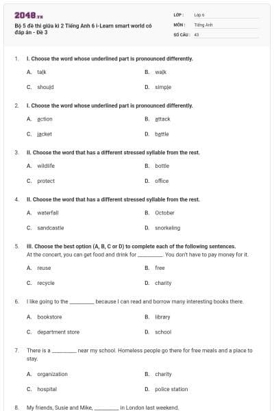 Bộ 5 đề thi giữa kì 2 Tiếng Anh 6 i-Learn smart world có đáp án - Đề 3
