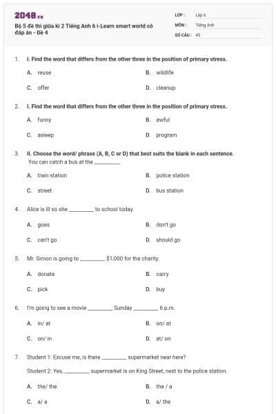 Bộ 5 đề thi giữa kì 2 Tiếng Anh 6 i-Learn smart world có đáp án - Đề 4