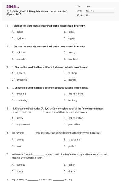 Bộ 5 đề thi giữa kì 2 Tiếng Anh 6 i-Learn smart world có đáp án - Đề 5