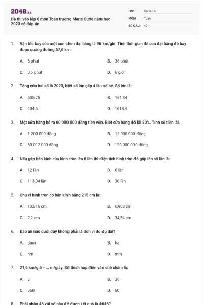 Đề thi vào lớp 6 môn Toán trường Marie Curie năm học 2023 có đáp án