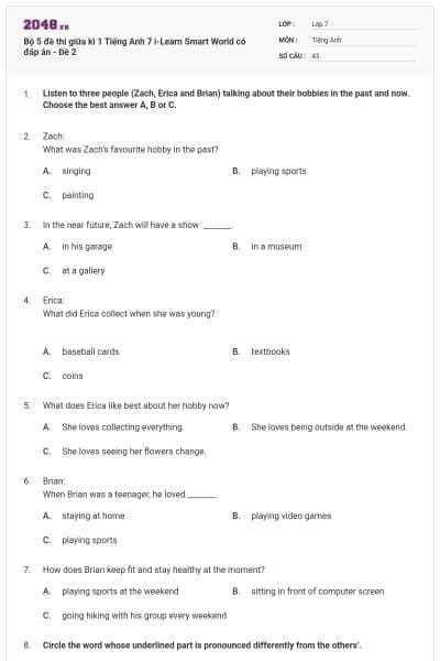 Bộ 5 đề thi giữa kì 1 Tiếng Anh 7 i-Learn Smart World có đáp án - Đề 2