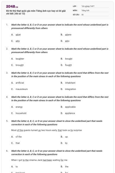 Đề thi thử thpt quốc gia môn Tiếng Anh cực hay có lời giải chi tiết ( Đề số 13)