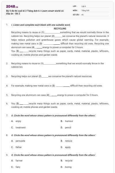 Bộ 5 đề thi cuối kì 2 Tiếng Anh 6 i-Learn smart world có đáp án - Đề 2