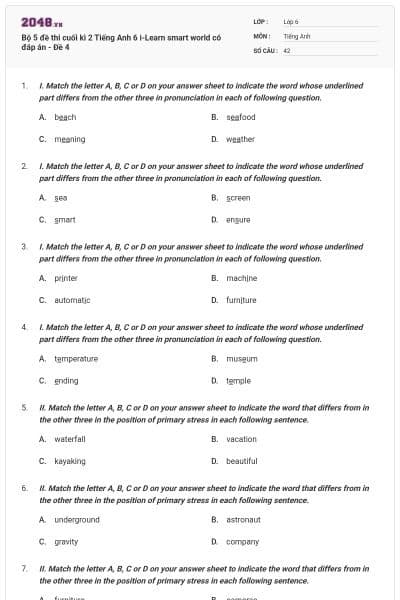 Bộ 5 đề thi cuối kì 2 Tiếng Anh 6 i-Learn smart world có đáp án - Đề 4