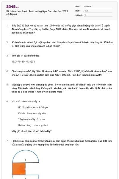 Đề thi vào lớp 6 môn Toán trường Ngôi Sao năm học 2020 có đáp án