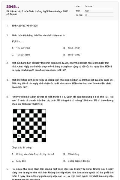 Đề thi vào lớp 6 môn Toán trường Ngôi Sao năm học 2021 có đáp án