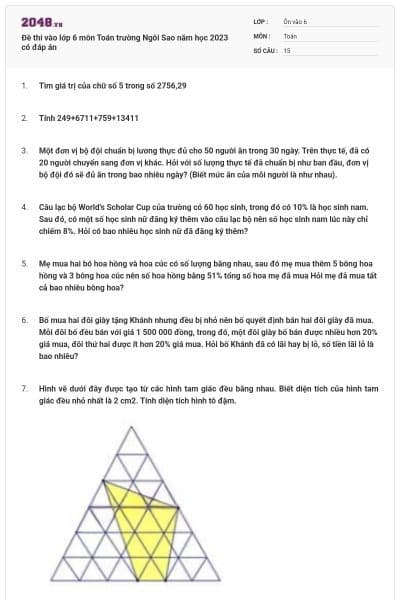 Đề thi vào lớp 6 môn Toán trường Ngôi Sao năm học 2023 có đáp án