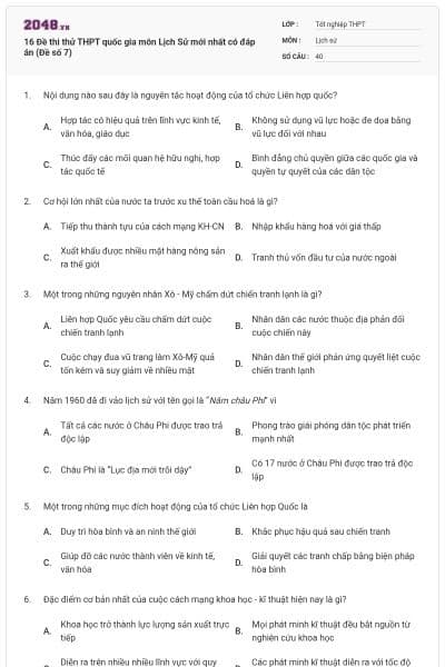 16 Đề thi thử THPT quốc gia môn Lịch Sử mới nhất có đáp án (Đề số 7)