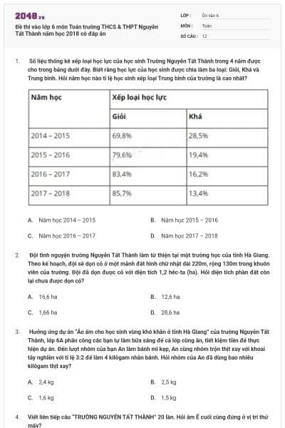 Đề thi vào lớp 6 môn Toán trường THCS & THPT Nguyễn Tất Thành năm học 2018 có đáp án
