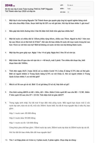 Đề thi vào lớp 6 môn Toán trường THCS & THPT Nguyễn Tất Thành năm học 2020 có đáp án