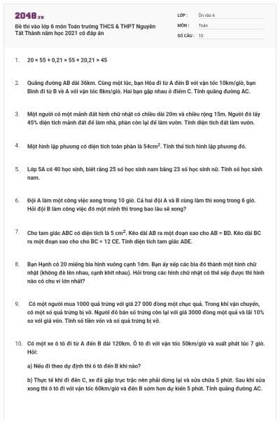 Đề thi vào lớp 6 môn Toán trường THCS & THPT Nguyễn Tất Thành năm học 2021 có đáp án