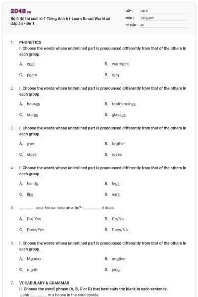 Bộ 5 đề thi cuối kì 1 Tiếng Anh 6 i-Learn Smart World có đáp án - Đề 1