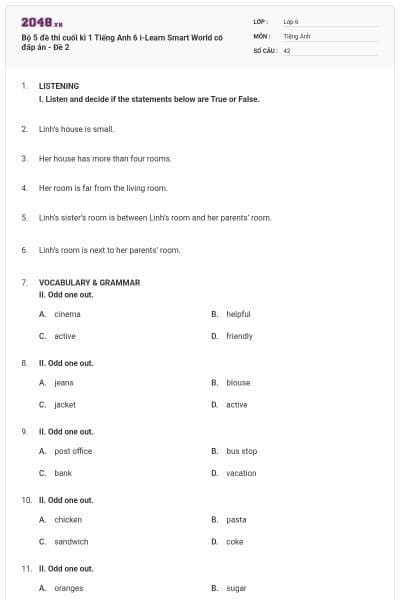 Bộ 5 đề thi cuối kì 1 Tiếng Anh 6 i-Learn Smart World có đáp án - Đề 2