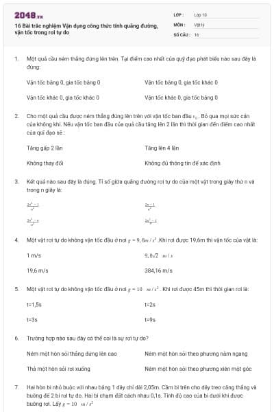 16 Bài trắc nghiệm Vận dụng công thức tính quãng đường, vận tốc trong rơi tự do